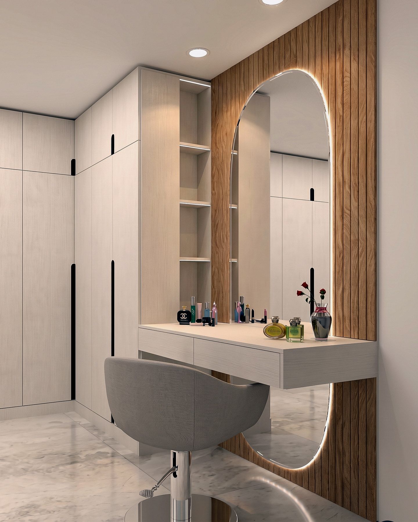 3D visual — an arched backlit mirror on fluted oak, beside wardrobe doors with slim black inlay pulls.