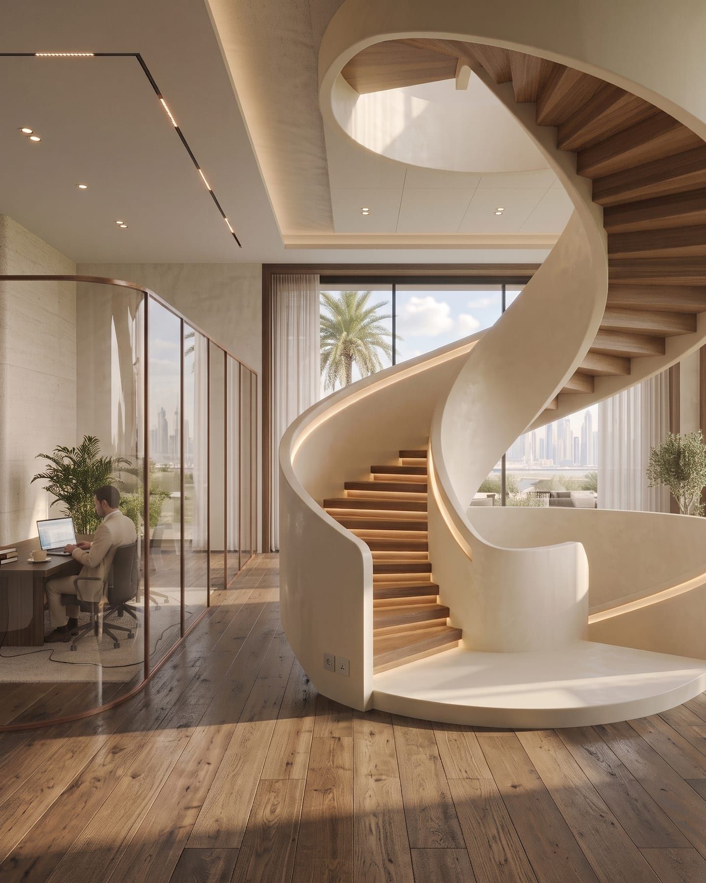 Entrance hall with a curved staircase, a sculpted plaster balustrade sweeping into the floor, and a full-height artwork on the facing wall