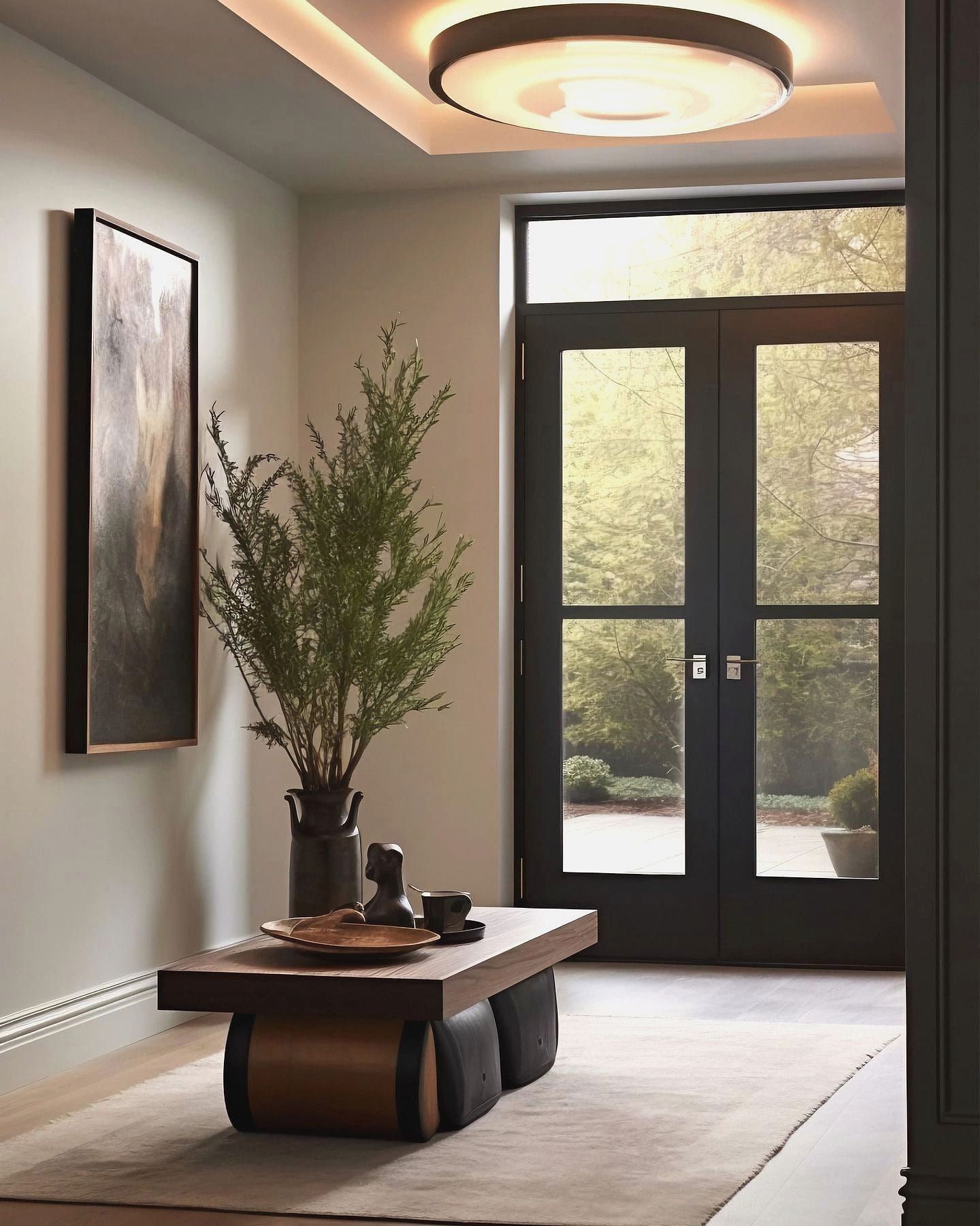 Entryway with a timber bench table on a pale rug, a disc pendant in a cove-lit ceiling and black glazed doors onto the garden