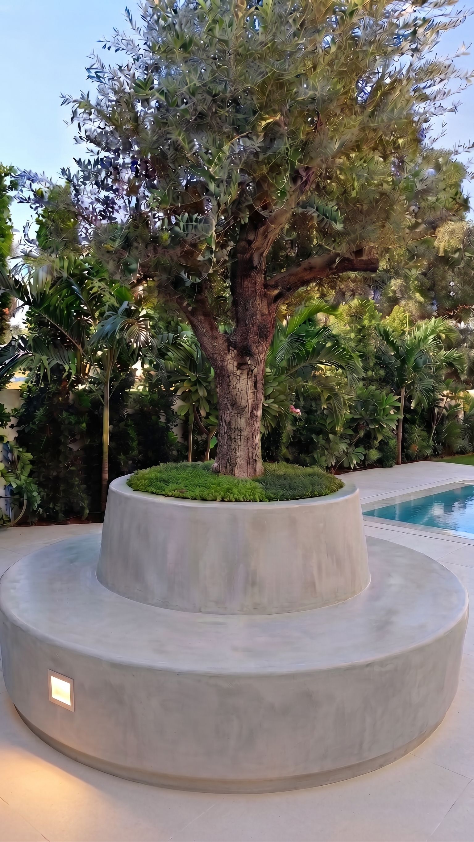 A poured-in-place circular planter holding a mature olive, ringed by a stepped seat with a lit recess set into its face.
