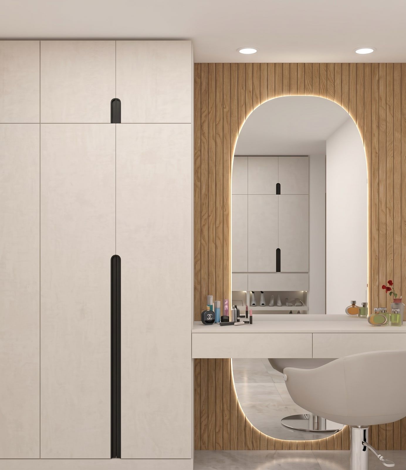 3D visual — an arched backlit mirror on fluted oak, beside wardrobe doors with slim black inlay pulls.