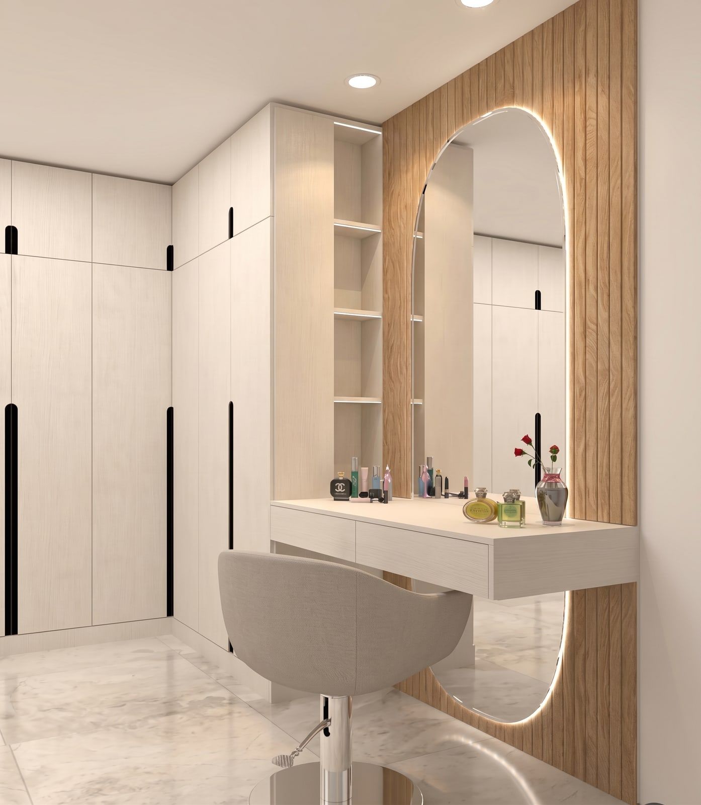 3D visual of the full room — the wardrobe bank, open display shelving and a vanity ledge floated off the fluted panel.