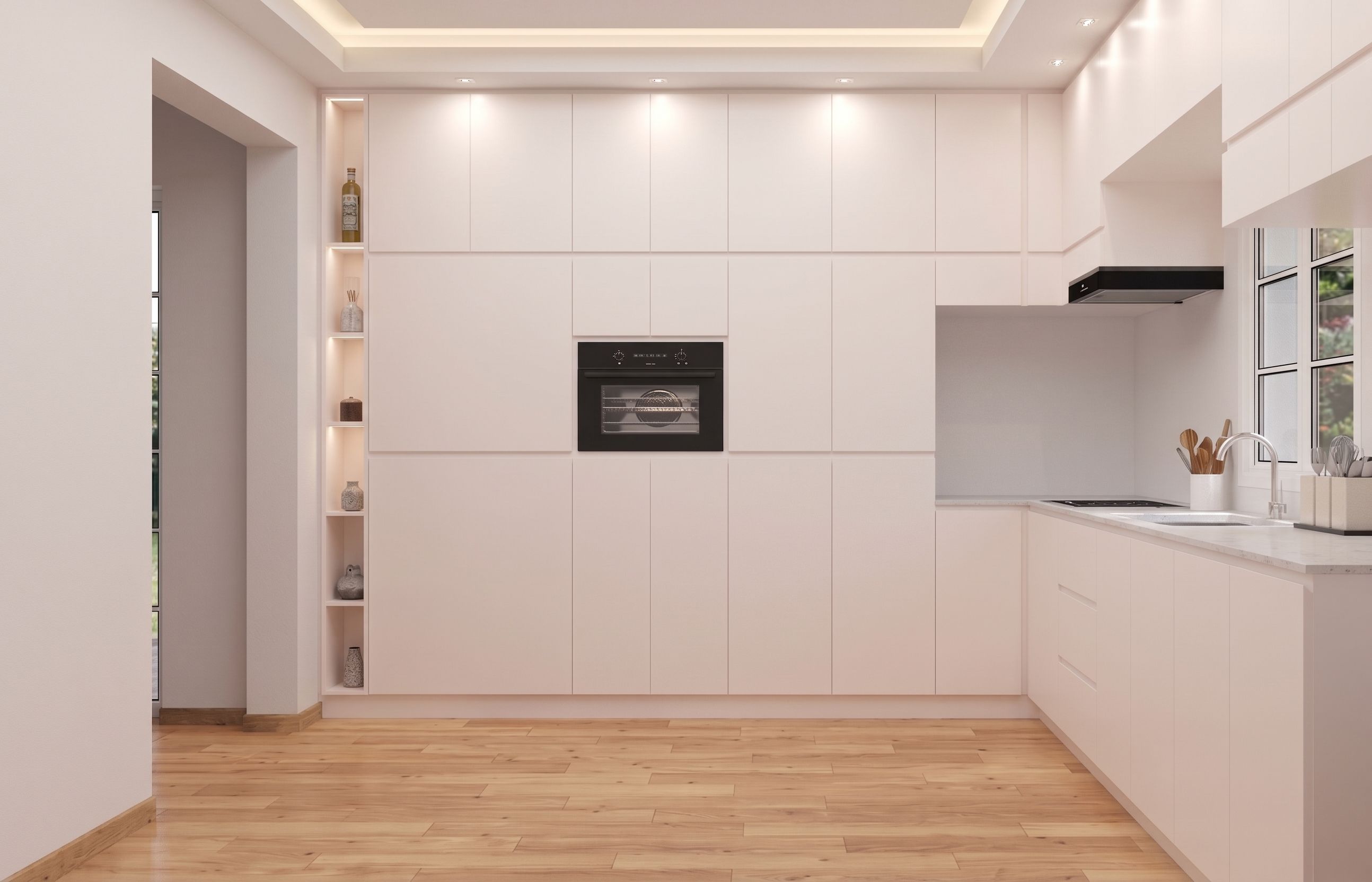 3D visual of the same scheme opened up — a full wall of tall units with the oven housing and shelving recess set flush.