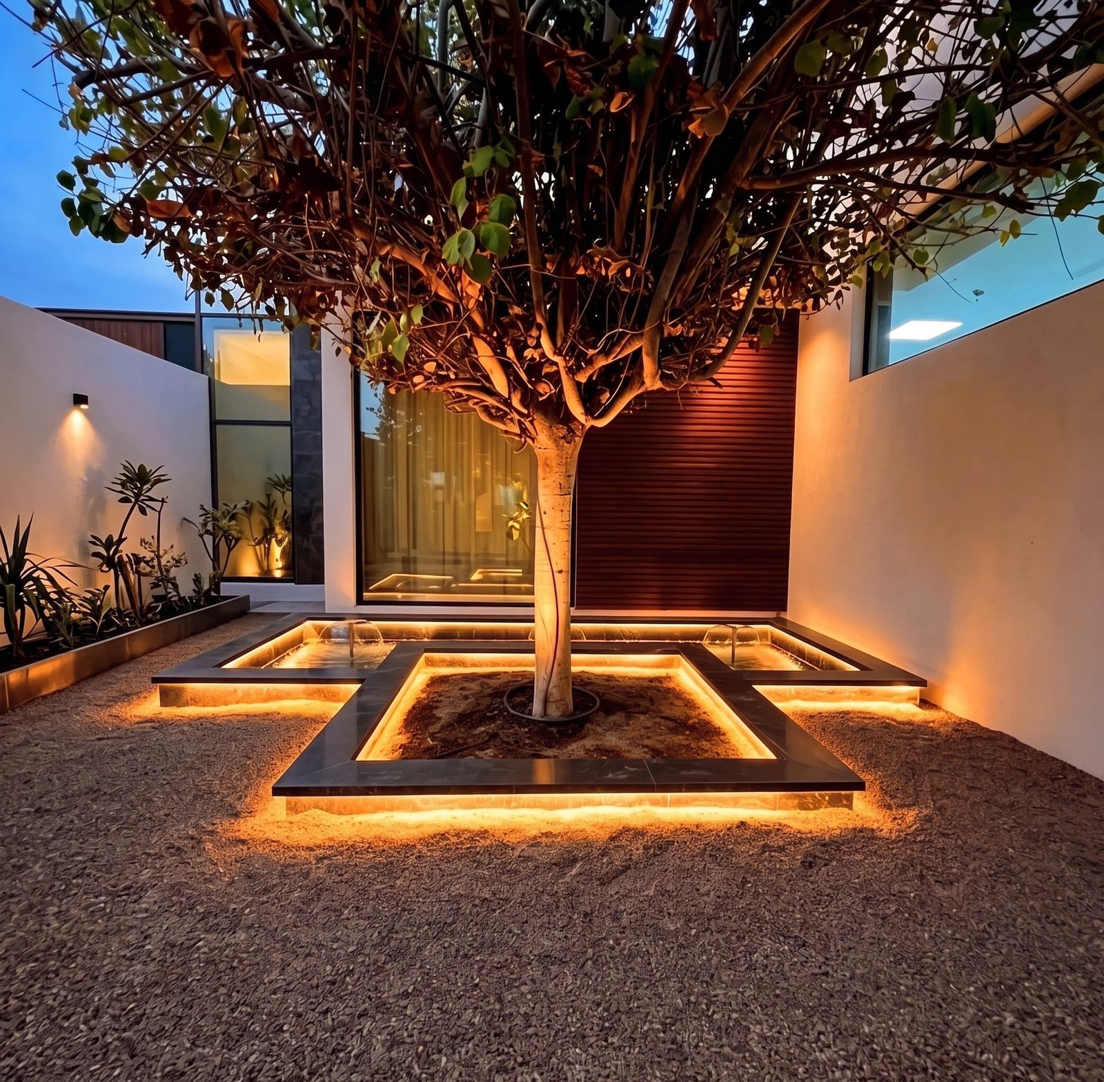A stone planter set around a mature tree, flanked by twin water channels and washed from beneath by a concealed strip after dark.