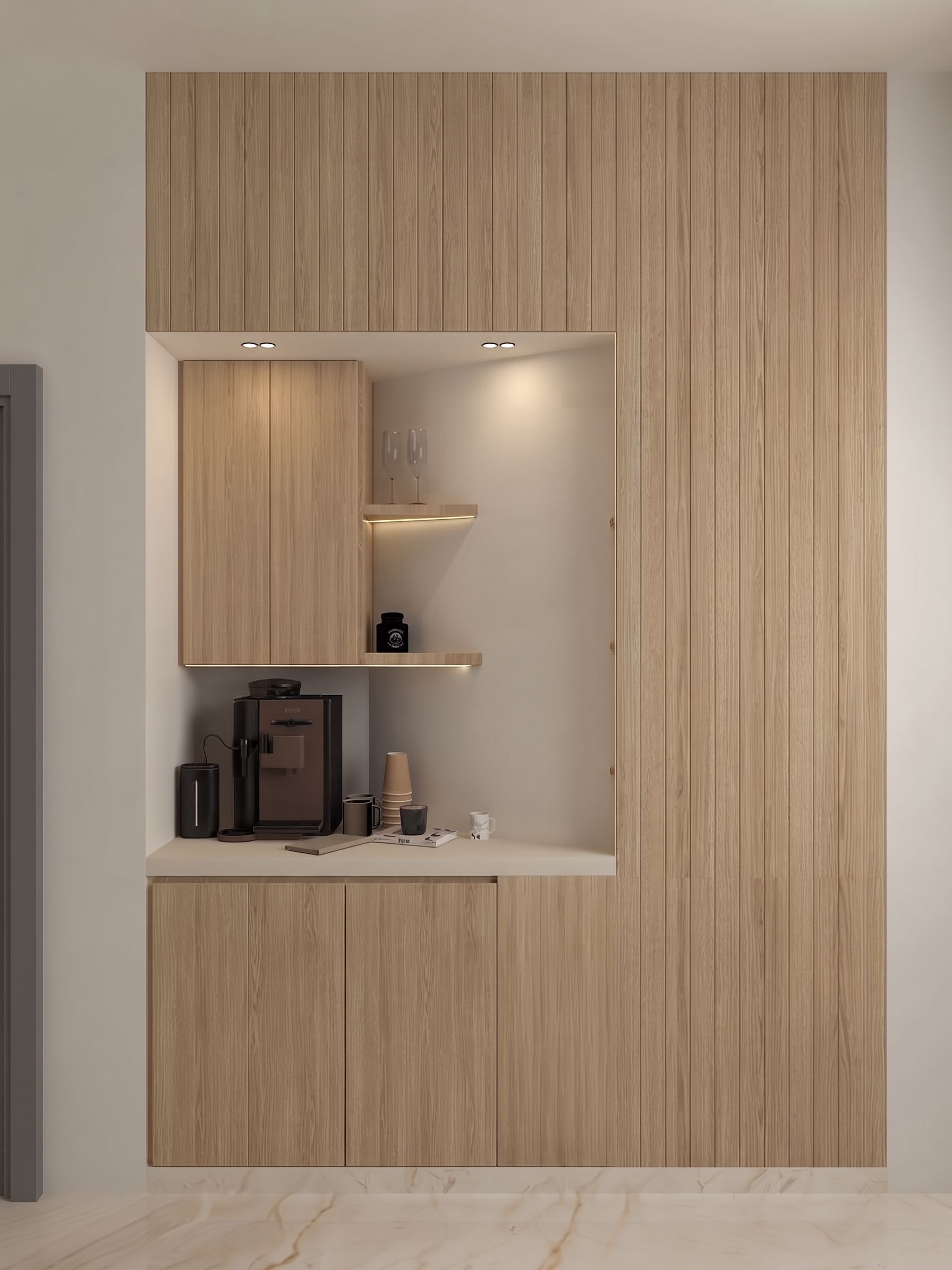 3D visual — a full-height oak-veneer unit with a lit coffee niche cut into the face and the doors hidden in the grain.