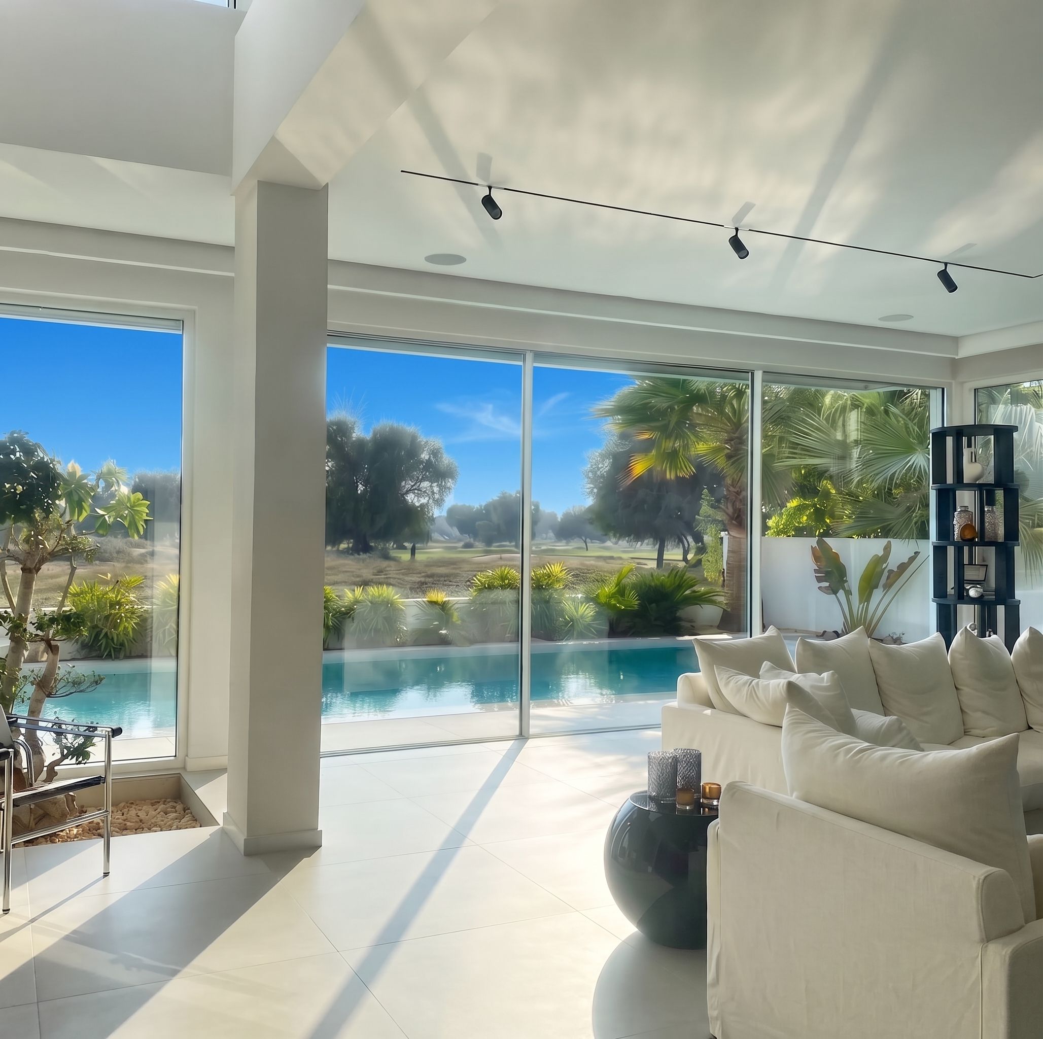 Full-height sliding glazing opening a pale linen lounge onto the pool terrace, lit by a blackened track spine.