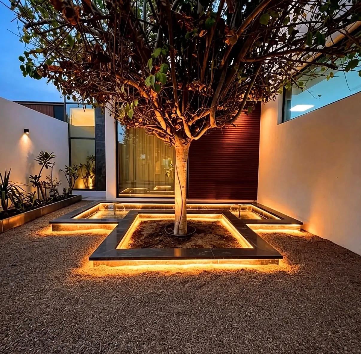 Lit Tree Planter Courtyard