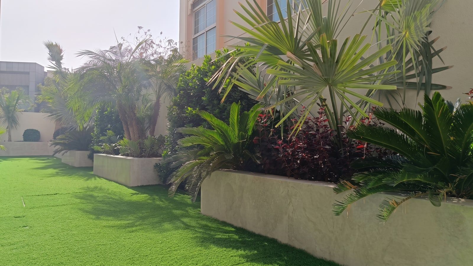 Built-in planters in a stone finish, layered with fan palms, cycads and seasonal colour.