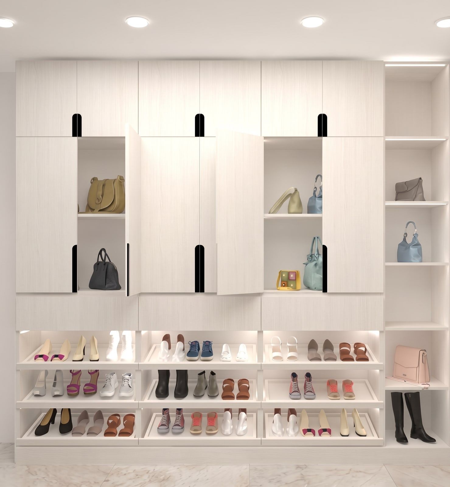 3D visual — closed cupboards alternating with lit open cubbies, over shoe racks on a glazed bottom tier.