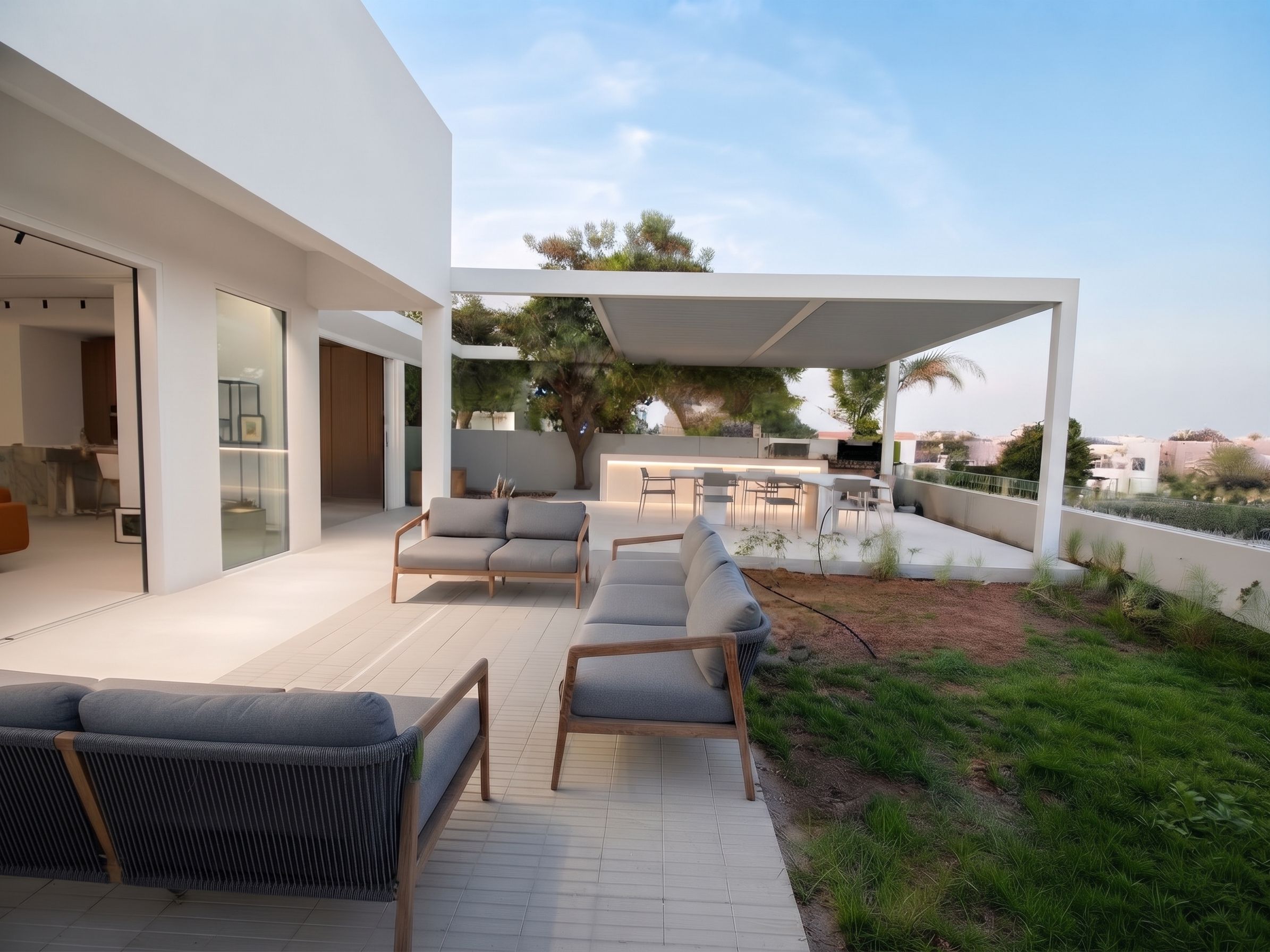 Teak and rope seating on a paved terrace, with a white pergola over the lit bar and dining run beyond.