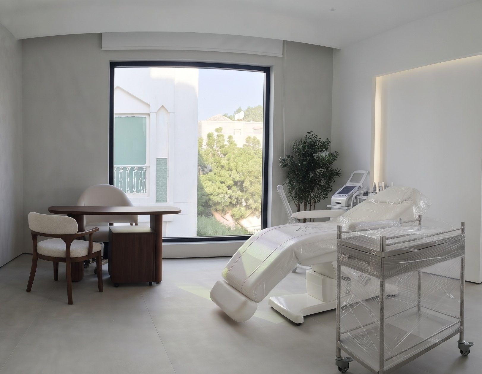 A calm consulting room with a walnut desk, upholstered chairs and a full-height window to the garden.